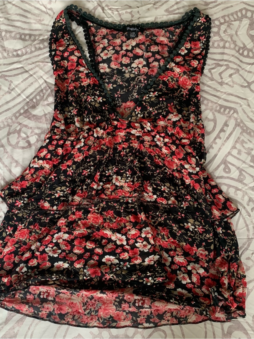 Rhapsody Black Floral V-Neck Camisole - Red and Pink Roses